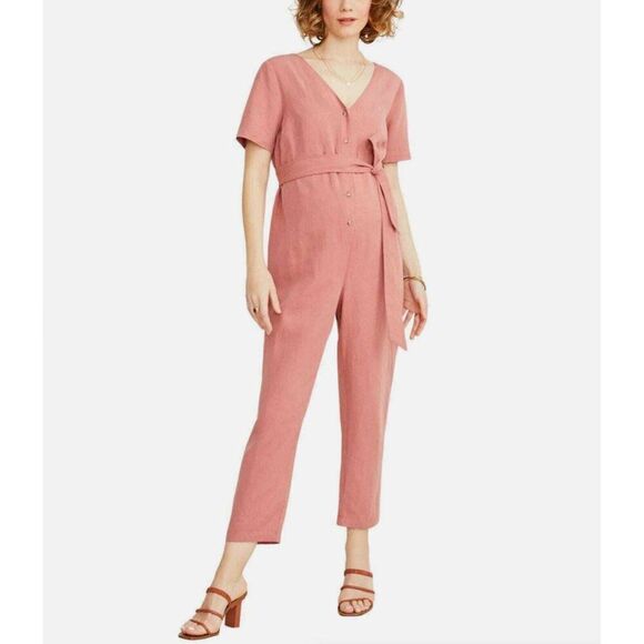 Hatch Womens 1 Small Noelle Jumpsuit Romper Maternity Belted V-Neck Linen Blend - Picture 1 of 14